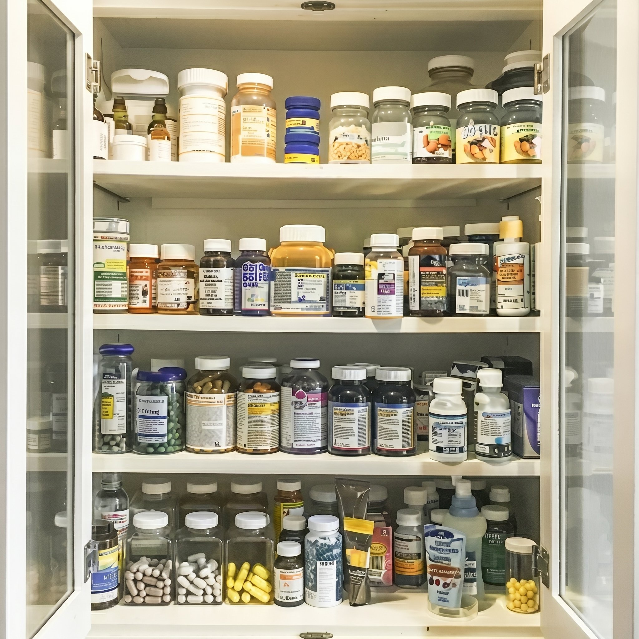 A bathroom shelf packed with supplement bottles