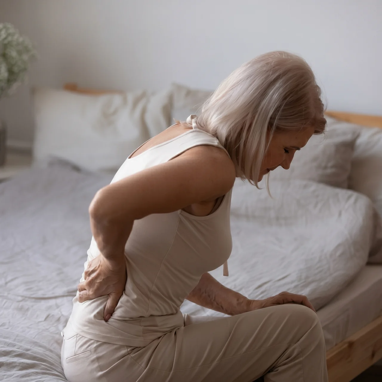 Older woman sitting on the edge of a bed with her hand on her lower back, in pain