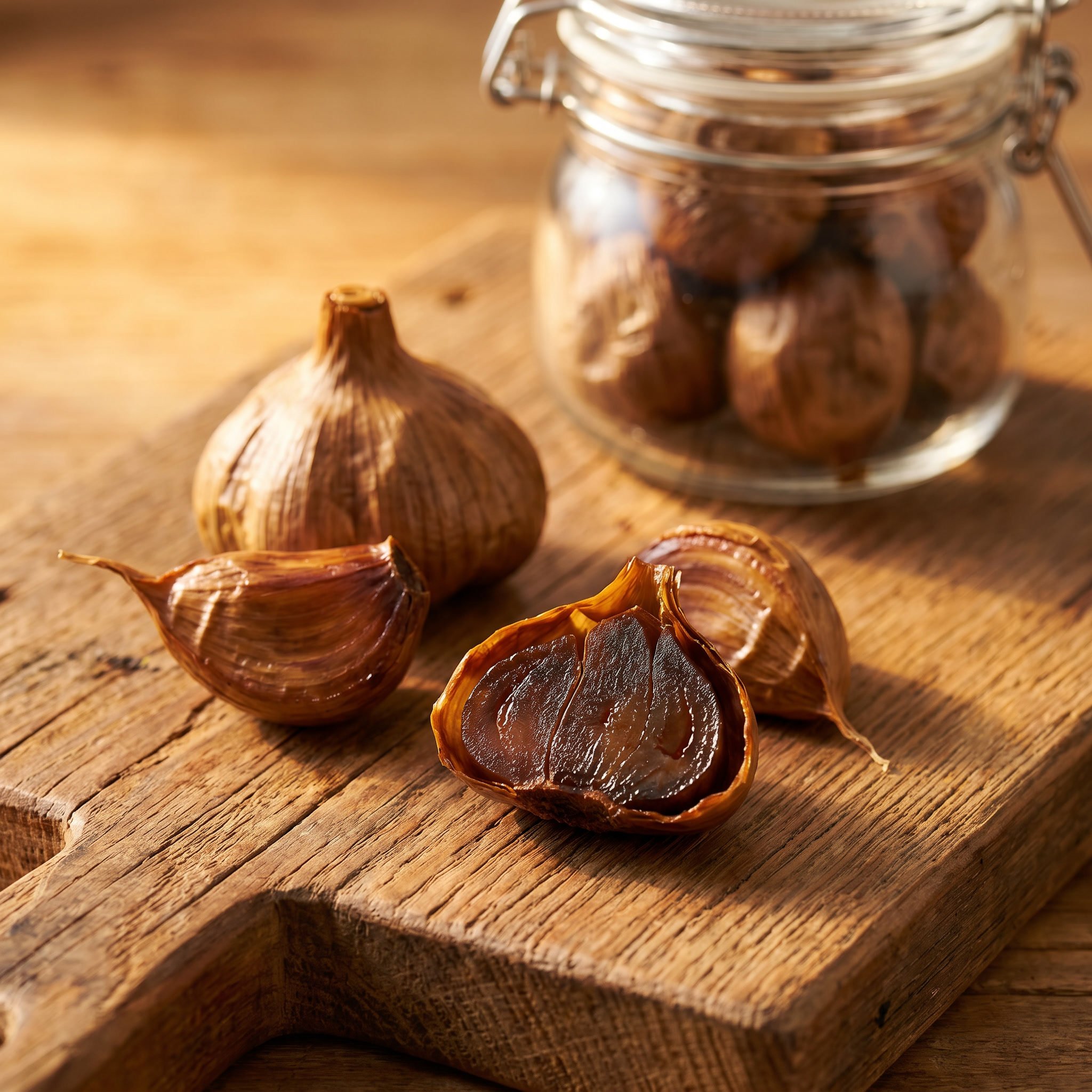 Dark aged garlic cloves next to raw white garlic on a wooden cutting board