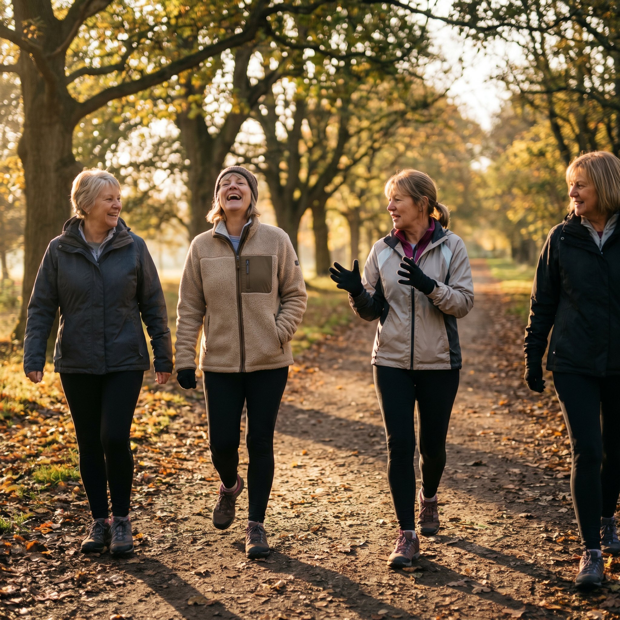 Women in their late 50s and 60s walking together on a tree-lined path